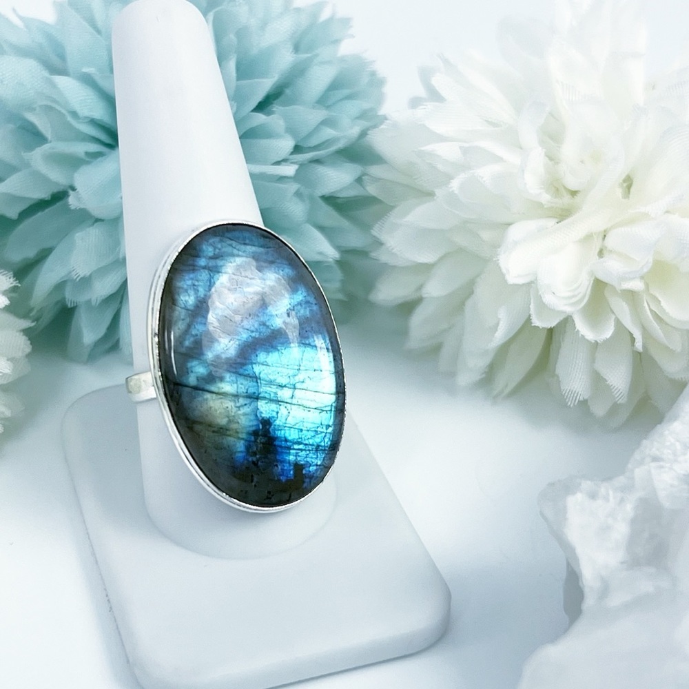 Chunky Blue Flash Labradorite Ring Size 10 New Handmade Sterling Silver 925